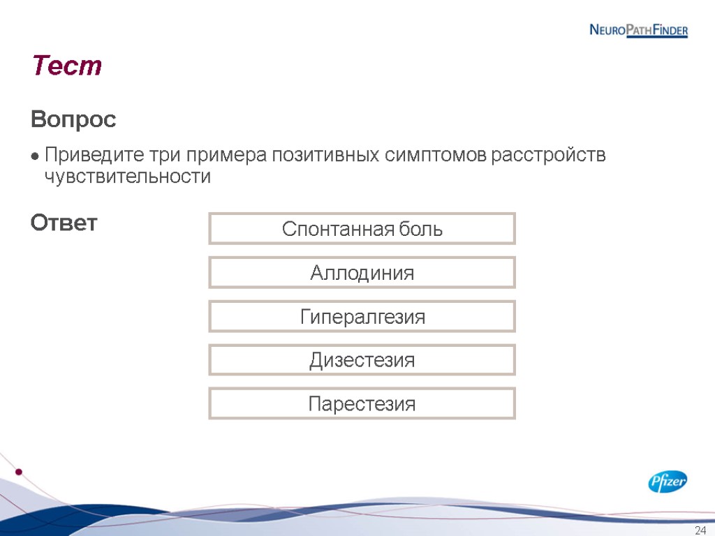 24 Тест Вопрос Приведите три примера позитивных симптомов расстройств чувствительности Ответ Спонтанная боль Аллодиния